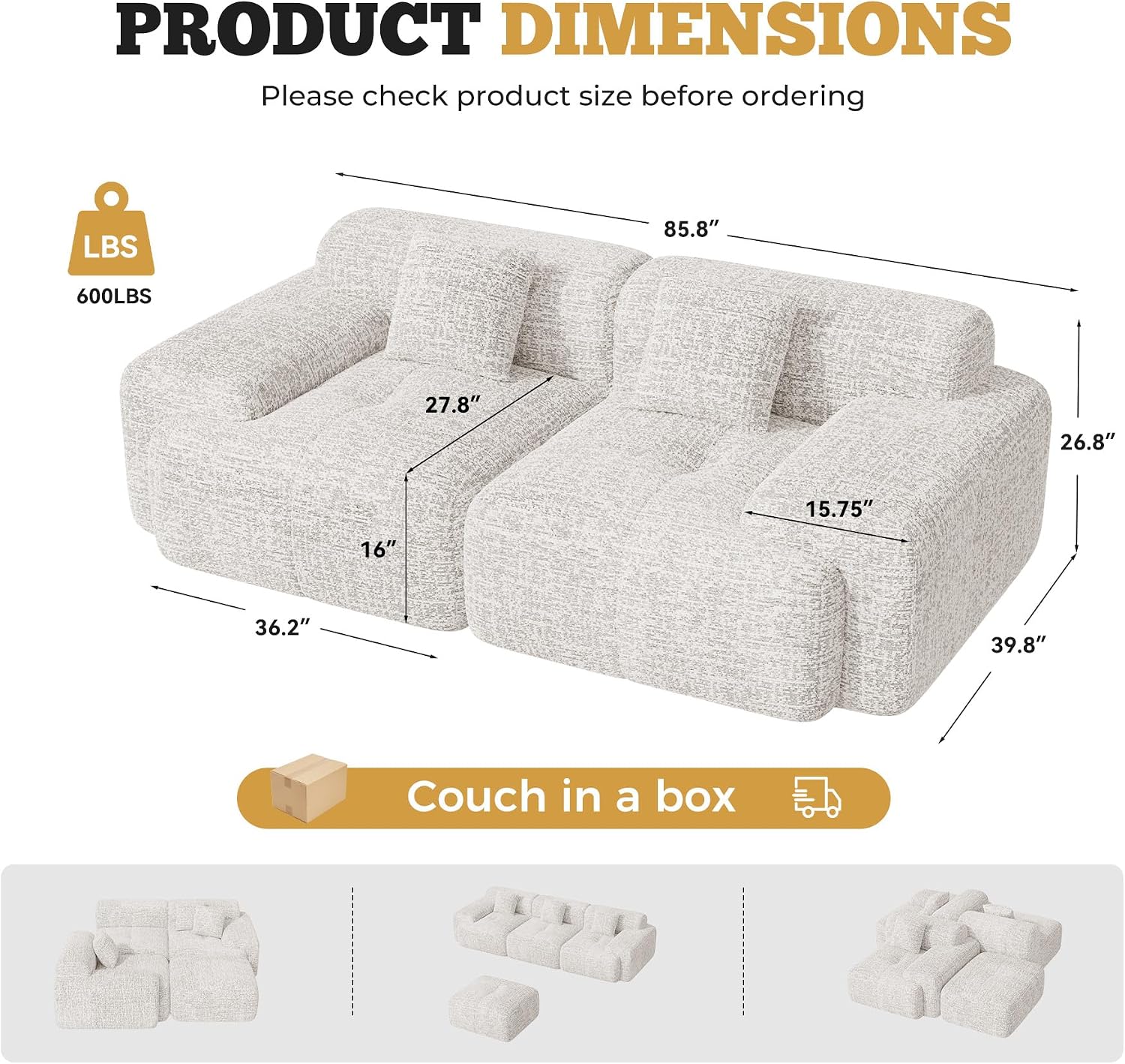 85' Cloud Loveseat Sofa in a Box, Modern Small Couch No Assembly Required, Comfy Deep Seat Boneless Couches for Living Room, Bedroom, Apartment, Beige 1 PCS