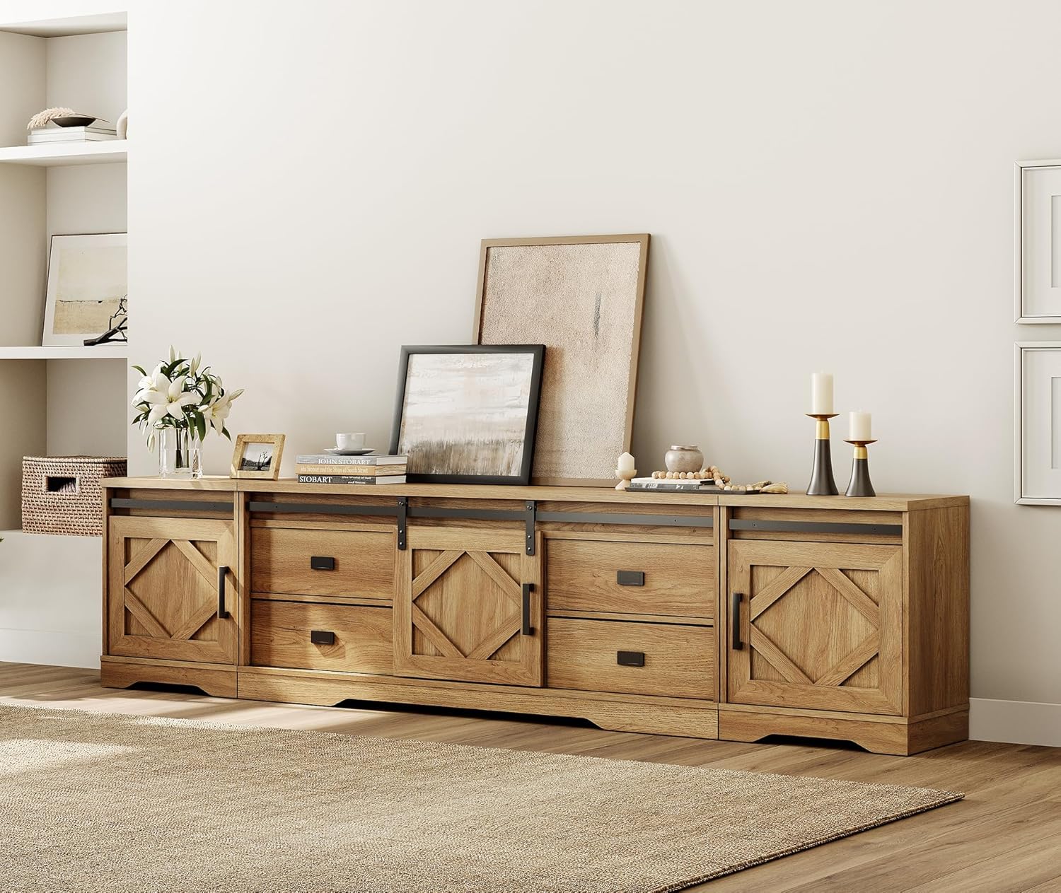 WAMPAT 3-in-1 Modern Farmhouse TV Stand for TVs up to 110',Large Wood Entertainment Center with 4 Drawers and Storage Cabinet for Living Room,Wood Grain Engraving Purposeful Distressing,Vintage Oak