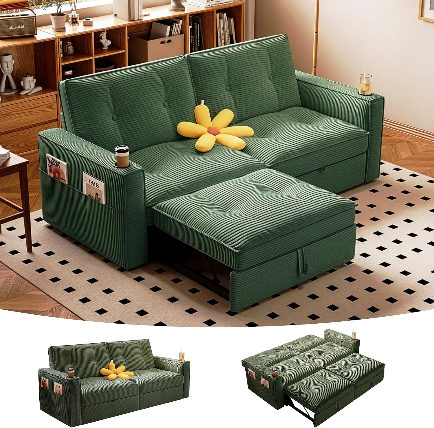 MAKIAAP Sleeper Sofa Bed, Queen Size Sofa Bed, Convertible Pull Out Couch with Adjustable Backrest, USB Port and Side Pockets, Modern 2 Seater Small Couches for Living Room, Space-Saving