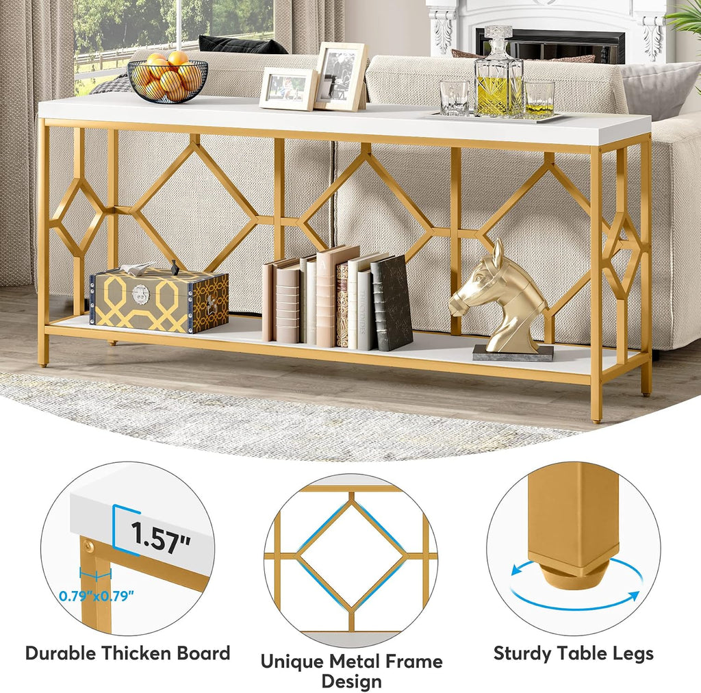 LITTLE TREE 70.9 Inch Extra Long Sofa Table, Industrial Narrow Long Sofa Tables Entry Table Behind Couch Table with Open Storage Shelf, White Gold