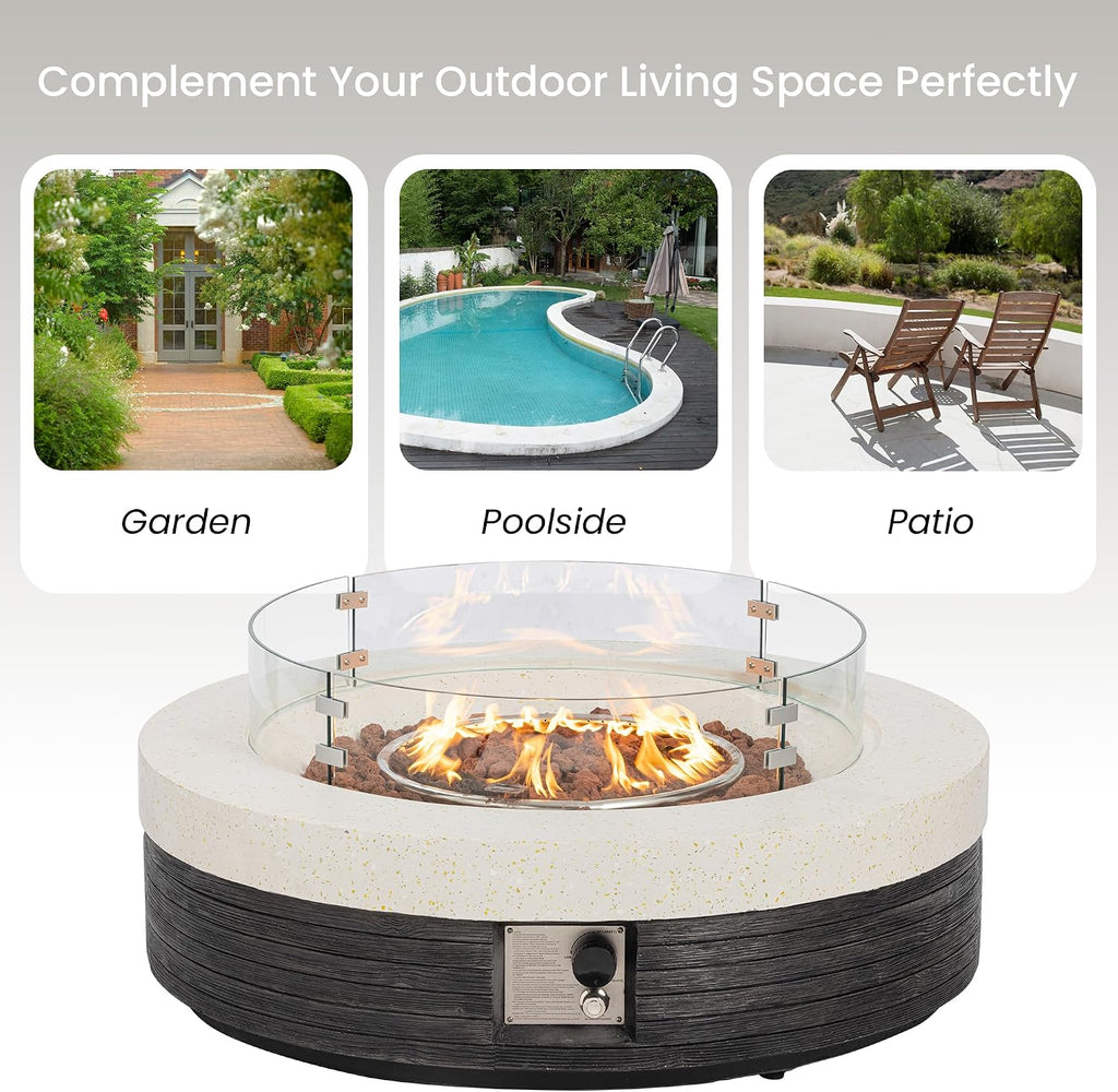 41inch Round Propane Fire Pit Table-Black & White Magnesium Oxide Design,50000 BTU Heat,with 20 Gallon Tank Cover, Glass Wind Guard & Waterproof Cover