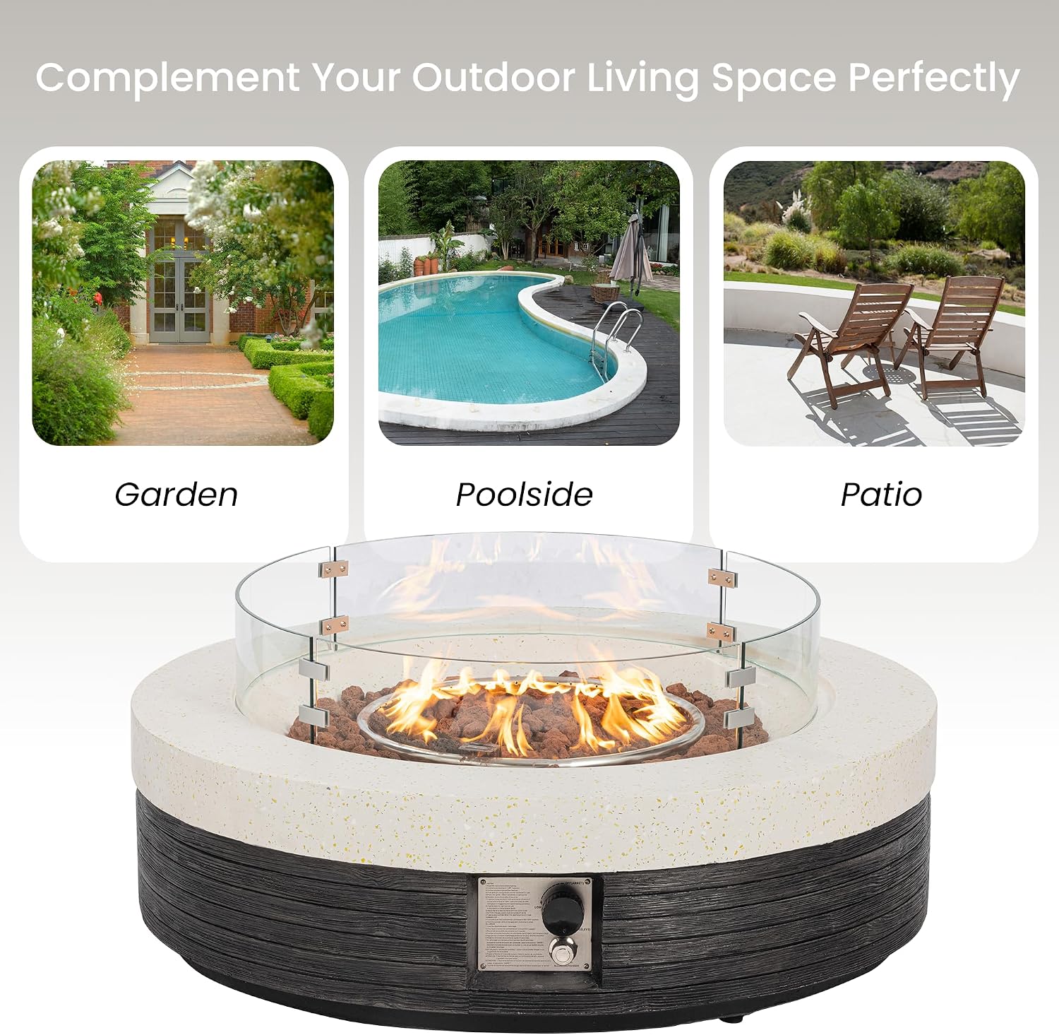 41inch Round Propane Fire Pit Table-Black & White Magnesium Oxide Design,50000 BTU Heat,with 20 Gallon Tank Cover, Glass Wind Guard & Waterproof Cover