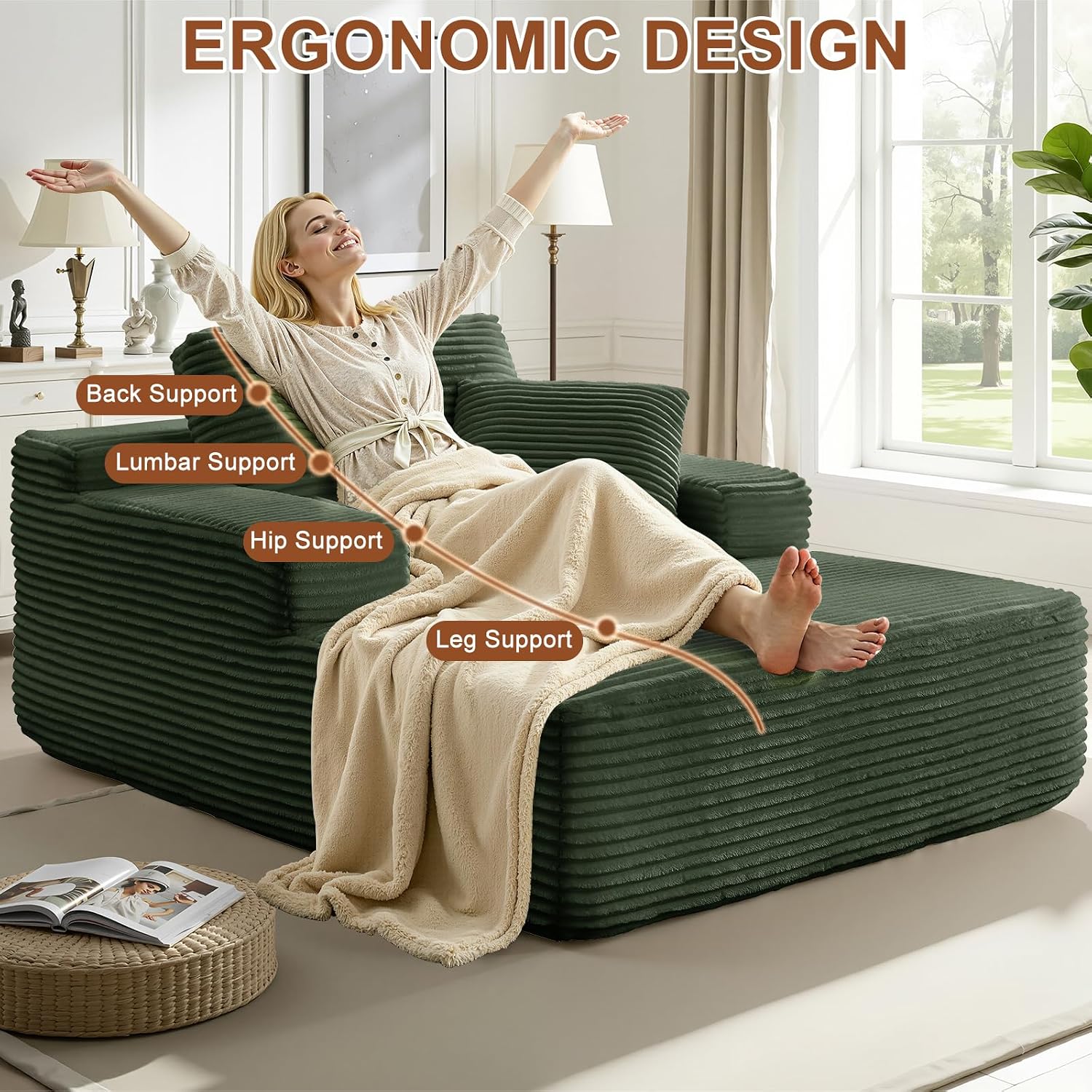 67.5 Inch Oversized Indoor Chaise Lounge, Sofa Bed, Living Room Sofa, Corduroy Sofa, Couches for Living Room, Deep Seat Sleeper Couch Reading Chairs (Green)