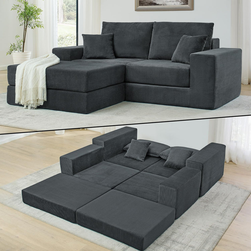 80 Inches Modular Sectional Loveseat Sofa, Cloud Boneless Couch with Non-Slip Base, Modern Sleeper Sofa Bed for Living Room, Small Spaces, No Assembly Required, Corduroy (Grey)