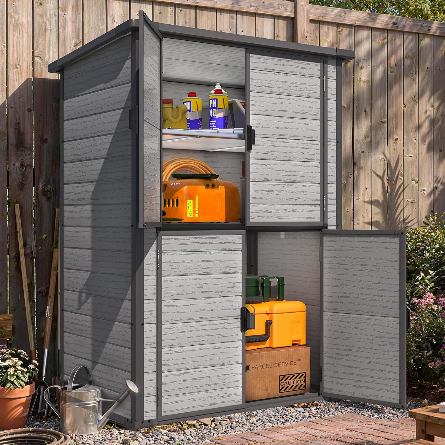 Large 58 Cu.Ft Resin Outdoor Storage Cabinet Waterproof with Adjustable Shelves, Vertical Tall Plastic Storage Cabinet with Reinforced Floor, Weatherproof Sheds & Outdoor Storage Clearance with Base