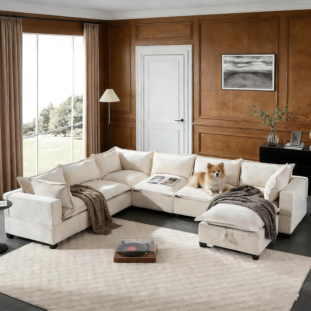 Ball & Cast Oversized U Shaped Sectional Couch with Movable Storage Ottoman,7 Seat Chenille Upholstered Sectional Sofa w/9 Pillows,DIY Combination,Wide Seat Couches for Living Room,Office,Beige