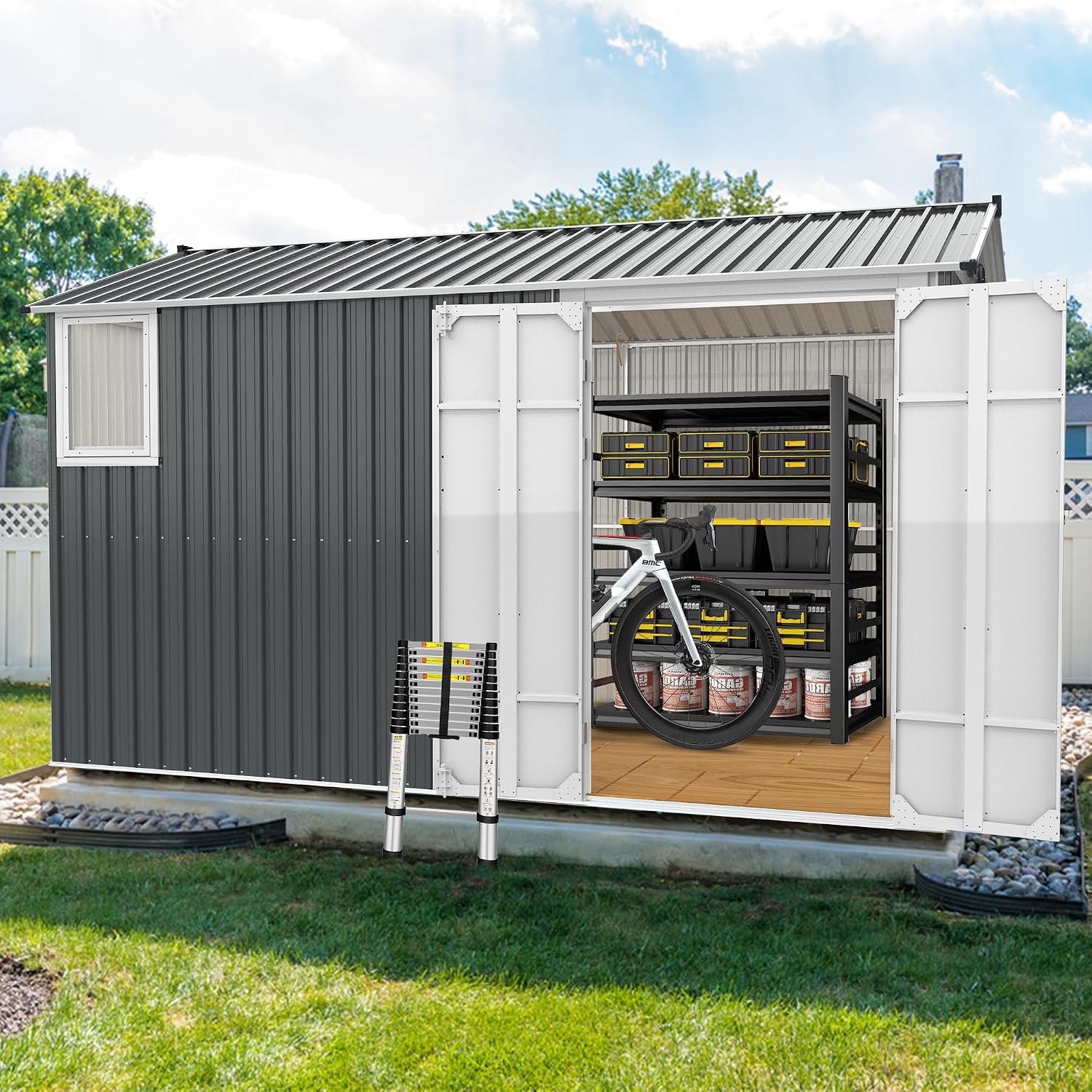 8x12 Ft Metal Outdoor Tool Storage Shed with Window, Floor Base & Air Vents, Gray