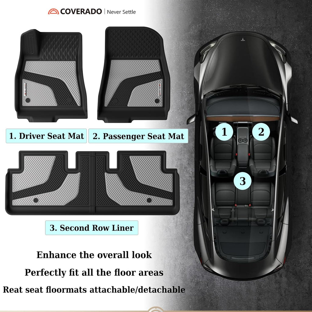 Coverado Floor Mats for 2024 2025 Tesla Model 3, Custom Fit All Weather TPE Cargo Liner Floor Mats Full Set, Waterproof Car Mats Trunk Floor Mat Tesla Model 3 Accessories,Front & Rear