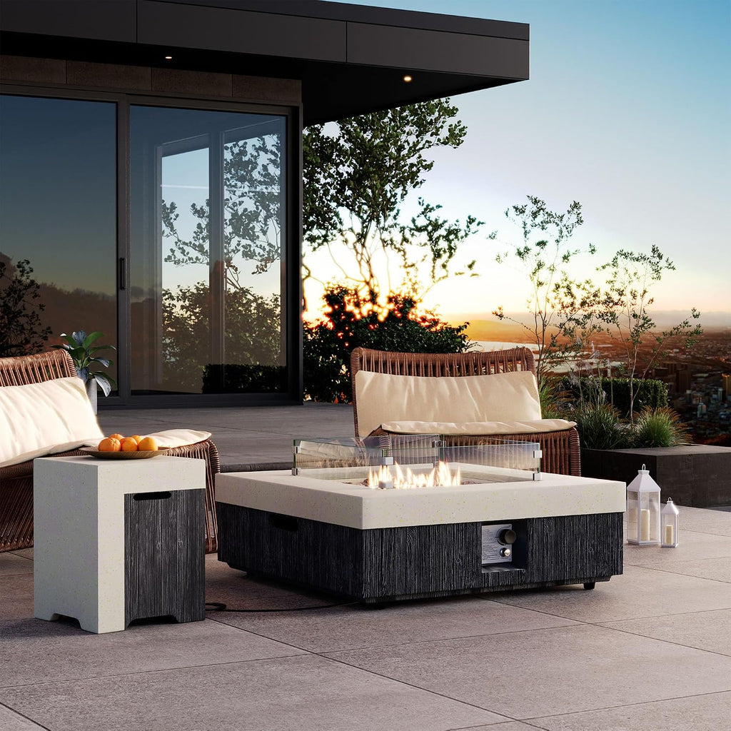 COSIEST 35' Outdoor Propane Fire Pit Table w Tank Cover & Wind Guard, Square Gas Fire Pit Table with Concrete & Wood Grain Design, 50000BTU Fire Tables for Patio, Backyard, Garden