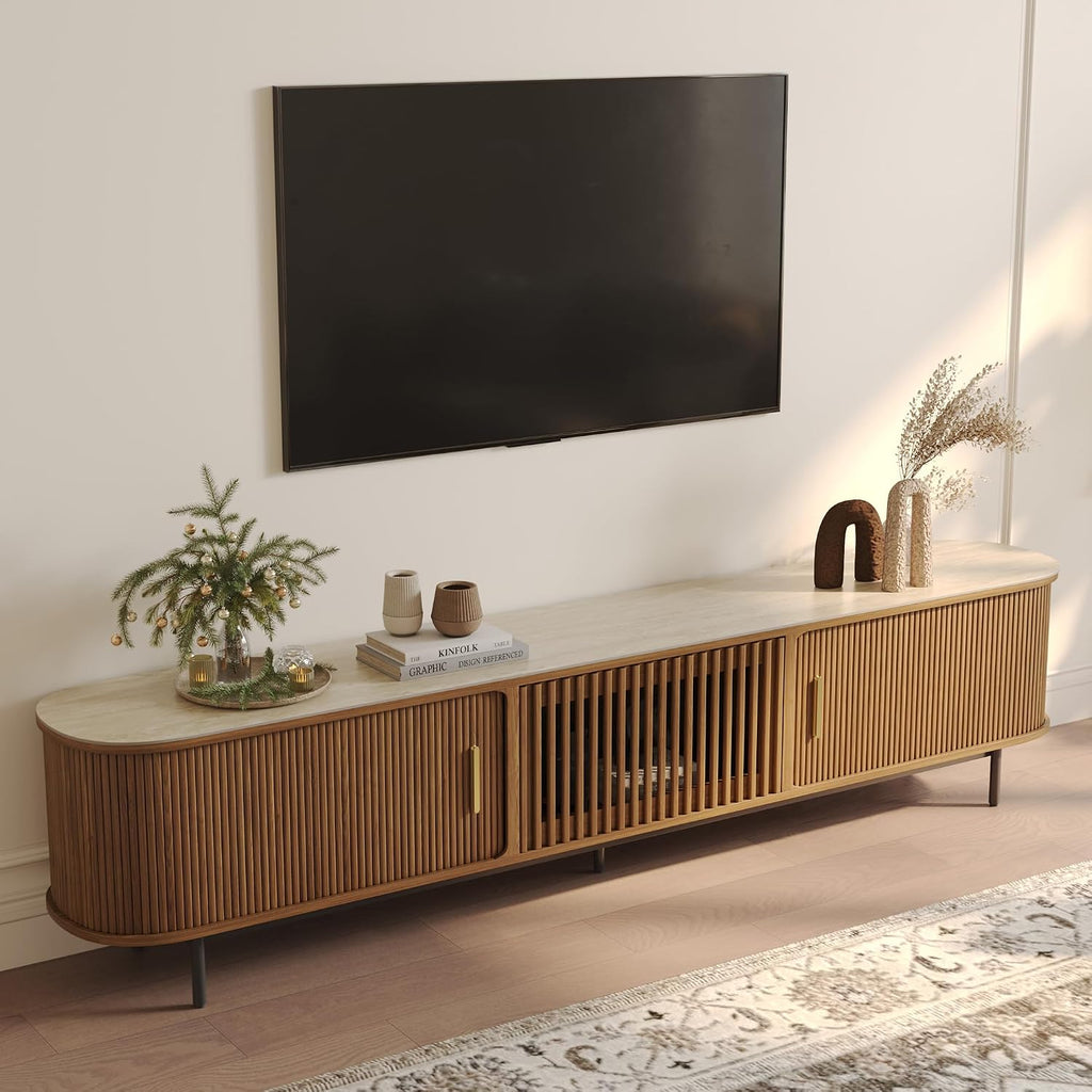 POVISON Fully-Assembled Sliding Tambour Door TV Stand, Mid Century Modern Sintered Stone TV Console, Wood Media Console for 85 Inch TV, Entertainment Center with Storage Cabinet(Walnut, 94.49')