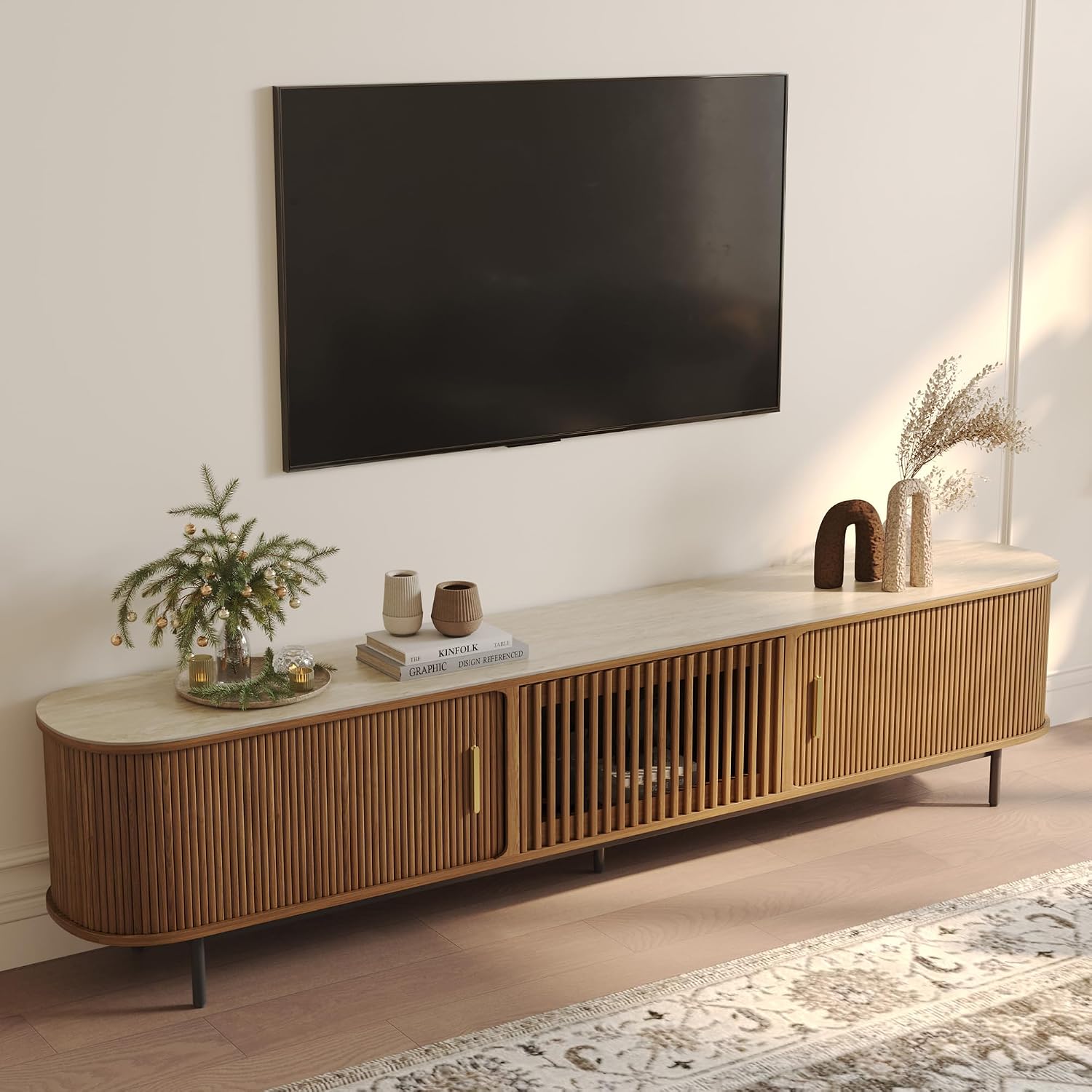 POVISON Fully-Assembled Sliding Tambour Door TV Stand, Mid Century Modern Sintered Stone TV Console, Wood Media Console for 85 Inch TV, Entertainment Center with Storage Cabinet(Walnut, 94.49')
