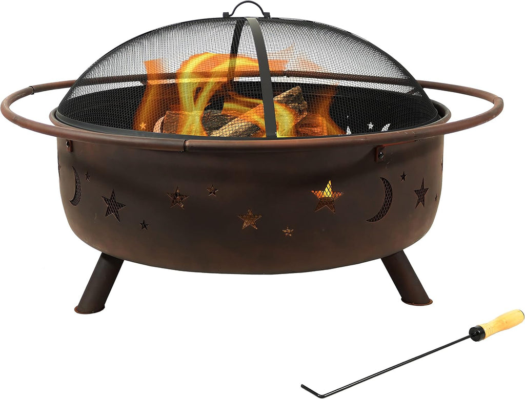 Sunnydaze Large Cosmic Outdoor Fire Pit - Wood-Burning Fire Pit with Round Spark Screen, Poker, and Built-in Grate - 42' - Bronze
