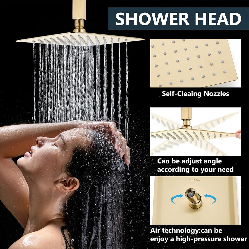 Aolemi Ceiling Mount Shower System Rain Shower Head with Handheld Spray High Pressure Shower Faucet Set Rough-in Valve Shower Trim Kit Included Bathroom Brushed Gold 10 Inch Ceiling Shower Head