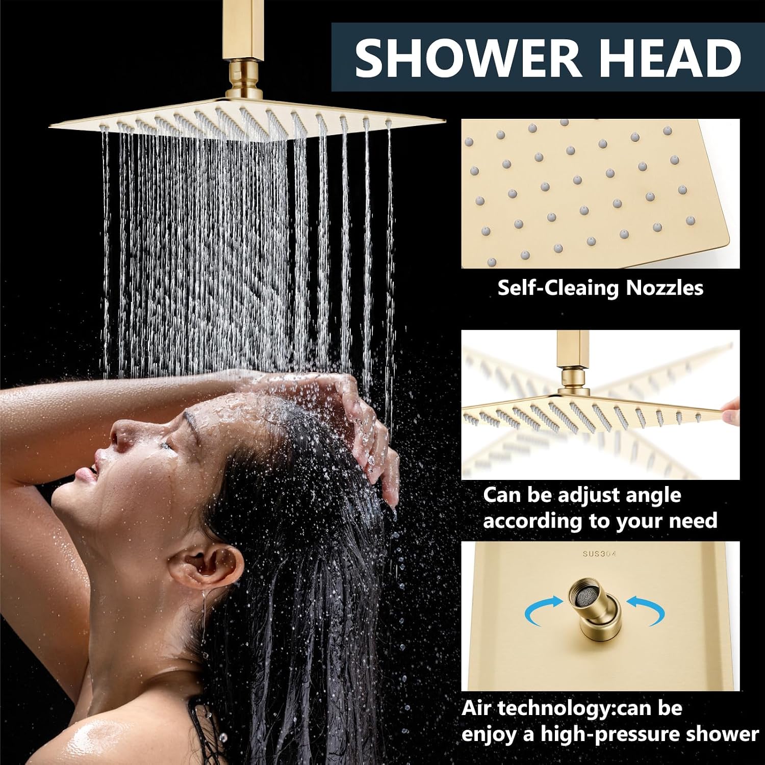 Aolemi Ceiling Mount Shower System Rain Shower Head with Handheld Spray High Pressure Shower Faucet Set Rough-in Valve Shower Trim Kit Included Bathroom Brushed Gold 10 Inch Ceiling Shower Head