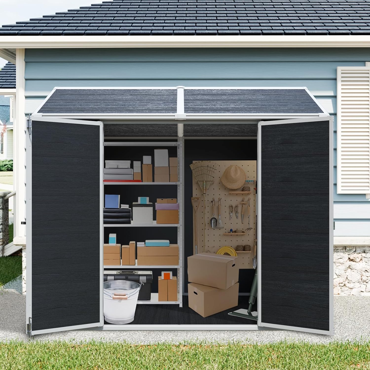 JT 6 x 8 FT Resin Storage Shed, Waterproof Garden Shed with Floor, 2 Windows, Lockable Door and Vent, Outdoor Sheds for Backyard, Tools and Lawn Mower (Black)