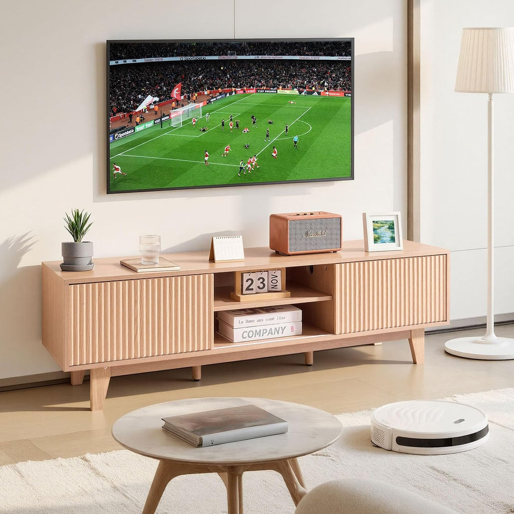 VEVOR 59' Fluted TV Stand, Boho Entertainment Center for 55/60/65 inch TVs, Mid Century Modern Media Console TV Storage Cabinet with Sliding Door and Adjustable Open Shelves, for Living Room, Bedroom