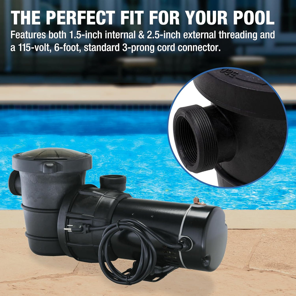 Doheny's 1 HP Above Ground Swimming Pool Pump | 115V, 75 GPM (0.9 THP) | Stainless Steel Shaft, Reinforced Thermoplastic, Low-Noise, High-Efficiency | 1.5' Internal & 2.5' External Threading