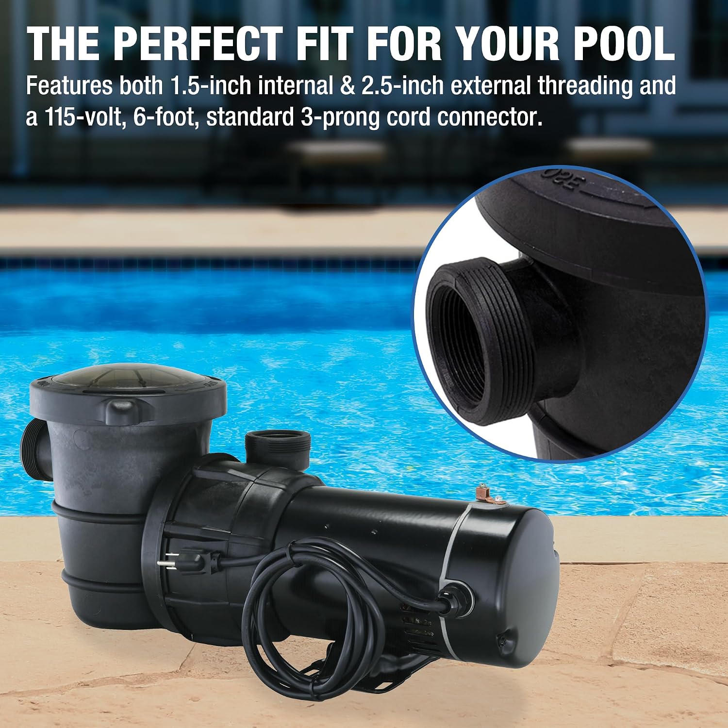 Doheny's 3/4 HP Above Ground Swimming Pool Pump | 115V, 62 GPM (0.55 THP) | Stainless Steel Shaft, Reinforced Thermoplastic, Low-Noise, High-Efficiency | 1.5' Internal & 2.5' External Threading