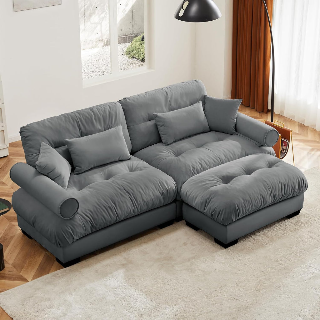 Loveseat Sofa 93.7' Modular Sectional Sofa, 2 Seater Modern Cloud L Shaped Couch, Oversized Sectional Couches for Living Room, Comfy Velvet Sofas Deep Seat Couch with 4 Pillows, Gray