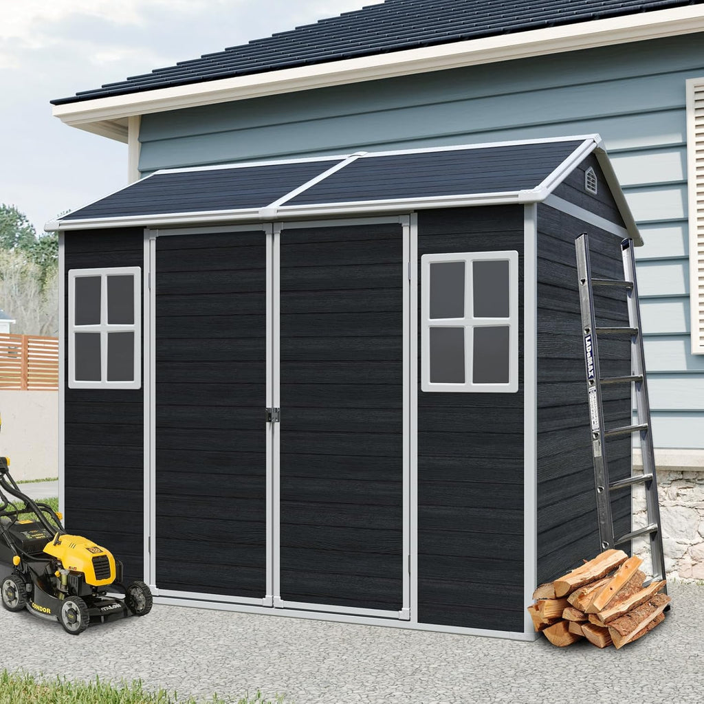 JT 6 x 8 FT Resin Storage Shed, Waterproof Garden Shed with Floor, 2 Windows, Lockable Door and Vent, Outdoor Sheds for Backyard, Tools and Lawn Mower (Black)