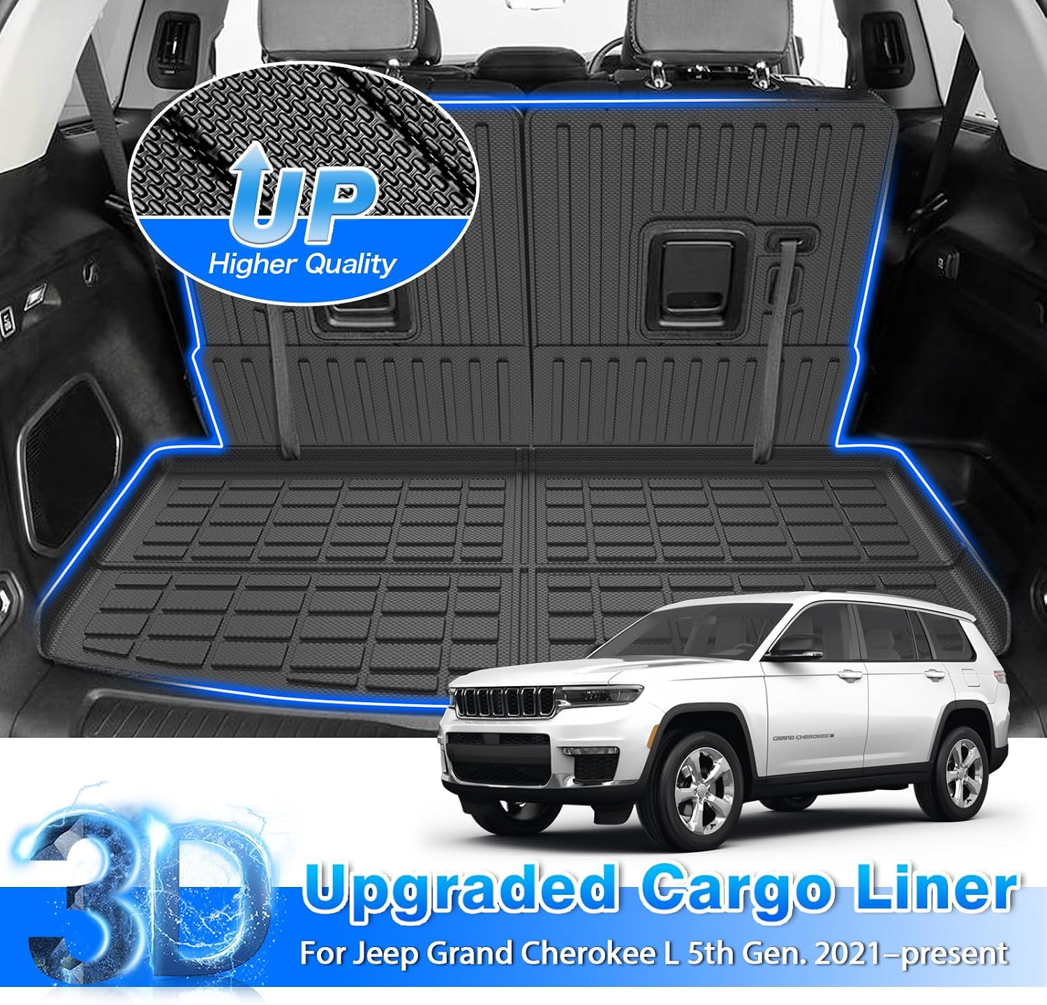 Floor Mats for Jeep Grand Cherokee L (6-Seater Without 2nd Row Center Console) 2021-2025 2026, All Weather Cargo Liner & Door Sill Guards for Grand Cherokee L Accessories, Car Accessories