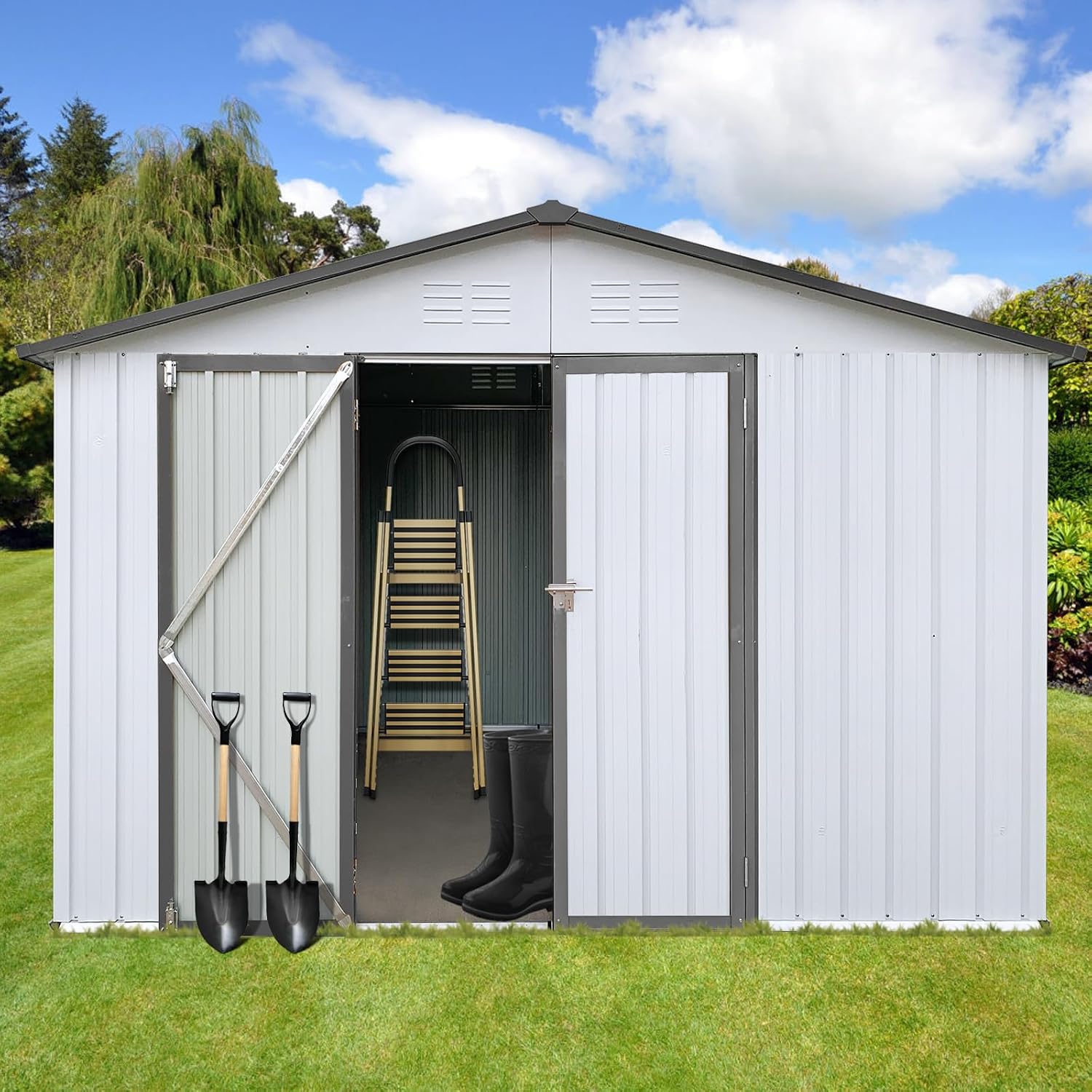 12' x 10' Metal Garden Storage Shed – Heavy-Duty Galvanized Steel with Roof, Hinged Door & Padlock | All-Weather Outdoor Shed with Punched Vents (Easy Assembly, Detailed Instructions) (White+Gray)