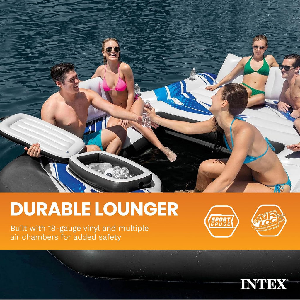 Intex Blue Tropic Inflatable 5 Person Raft or Swimming Pool Island Water Floating Lounger Raft with Backrests, Built in Cooler, and 4 Cupholders