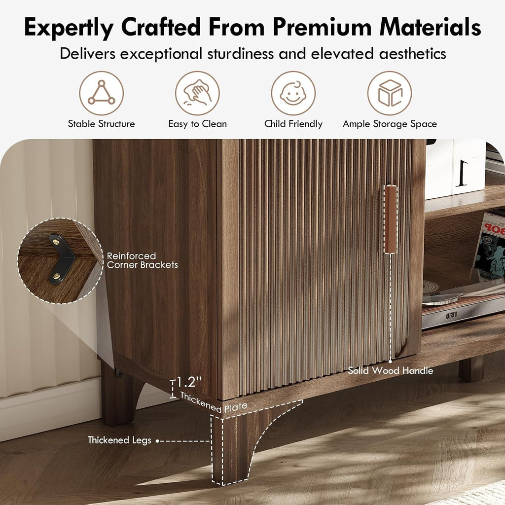 Tall Mid Century Modern TV Stands for 55/60/65 Inch TV Boho Media Console for Living Room Fluted TV Entertainment Center with Storage Wood Television Cabinet for Bedroom