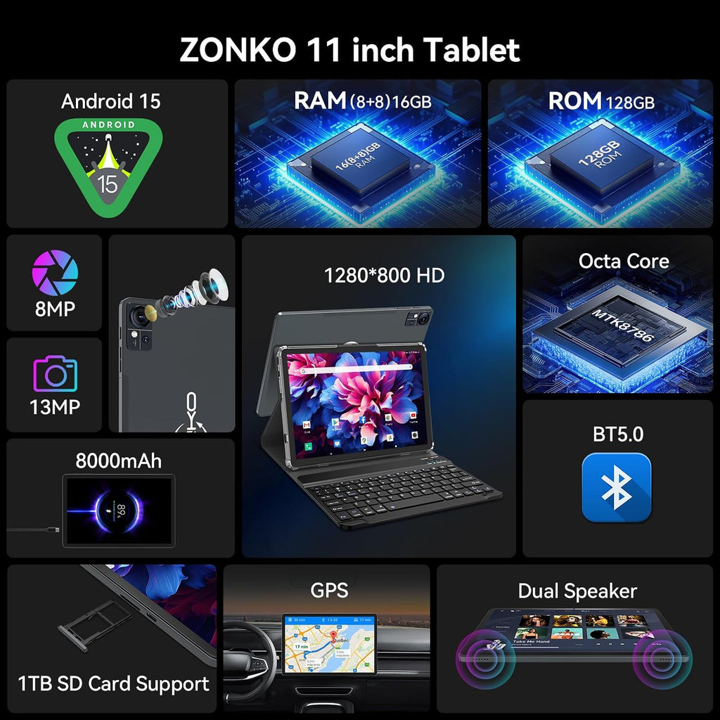 2026 Release 11 inch Tablet, Android 15 Tablets with Keyboard, 16(8+8)GB RAM 128GB ROM 1TB Expand, 2.4G/5G WiFi Tablet with BT 5.0, 13MP Camera, Octa-Core, 8000mAh, GPS, 11' Big Incell Screen-Gray