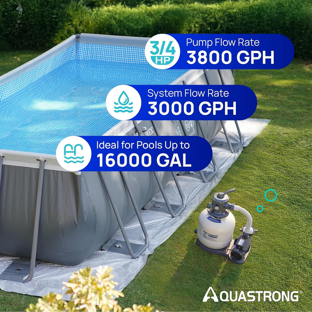 AQUASTRONG Sand Filter Pump for Above Ground Pool, Pool Pumps Above Ground, Pool Sand Filter with 6-Way Valve,Improved Circulation and Filtration,16in, up to 16000 Gallons