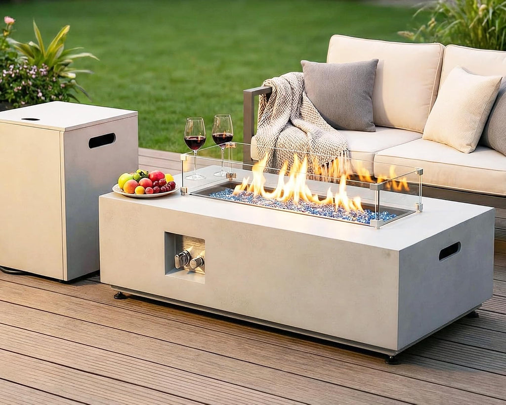RADIATA 42' Rectangle Propane/Natural Gas Fire Pit for Outside Patio, Elegant Minimalist Lowprofile Firepit Table with Tank Table Long Large, 50000BTU Durable Sturdy Fireplace for Outside, Urban White