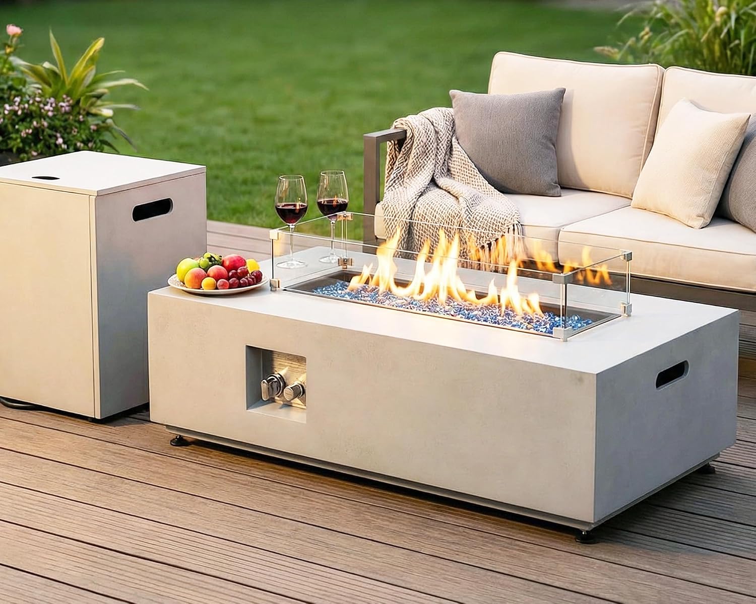 RADIATA 42' Rectangle Propane/Natural Gas Fire Pit for Outside Patio, Elegant Minimalist Lowprofile Firepit Table with Tank Table Long Large, 50000BTU Durable Sturdy Fireplace for Outside, Urban White