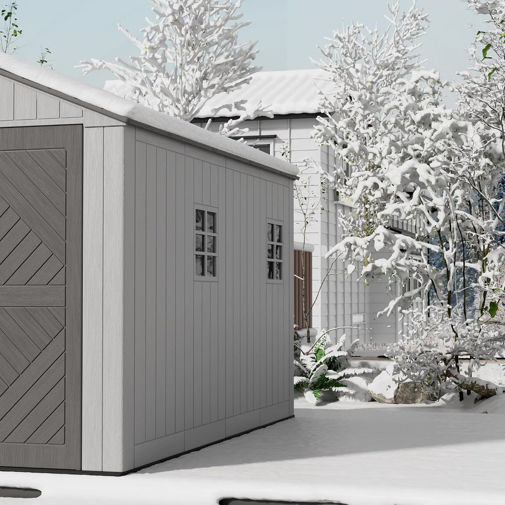Mrosaa 6x11 FT Storage Shed with Floor,HDPE Resin Outdoor Storage Shed Weather Resistant,Lockable Garden Sheds with Windows for Home/Garden Tools/Backyard/Lawn Mower/Bike Storage(Gray)