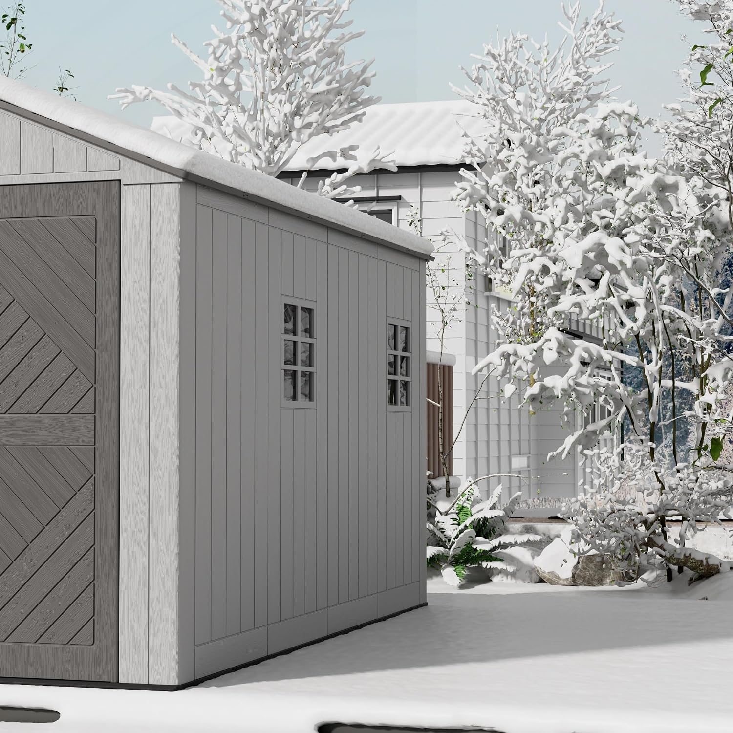 Mrosaa 6x11 FT Storage Shed with Floor,HDPE Resin Outdoor Storage Shed Weather Resistant,Lockable Garden Sheds with Windows for Home/Garden Tools/Backyard/Lawn Mower/Bike Storage(Gray)