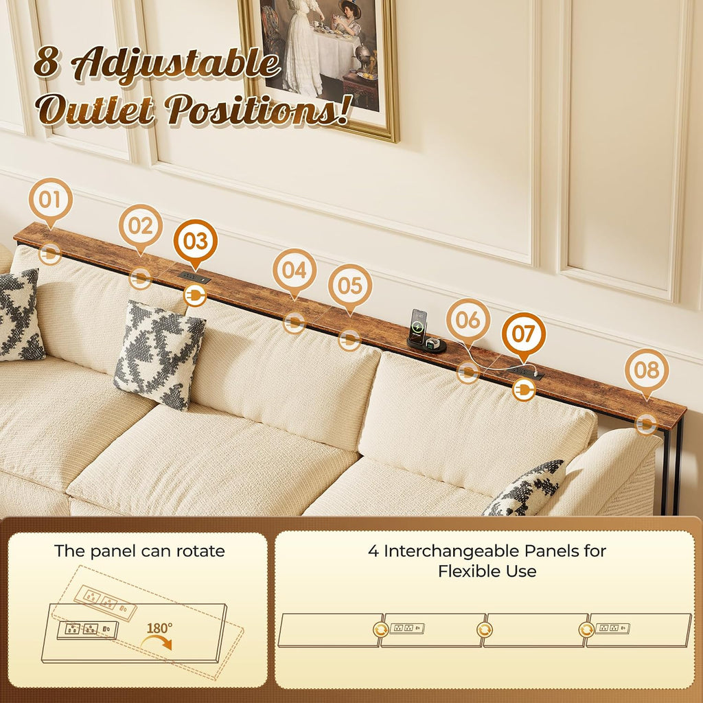 Huuger 126 Inch Sofa Table with Power Outlets and USB-C Ports, 5.9 Inch Narrow Entryway Table, Behind Couch Table with Storage, Extra-Long Console Table, Living Room, Rusitc Brown