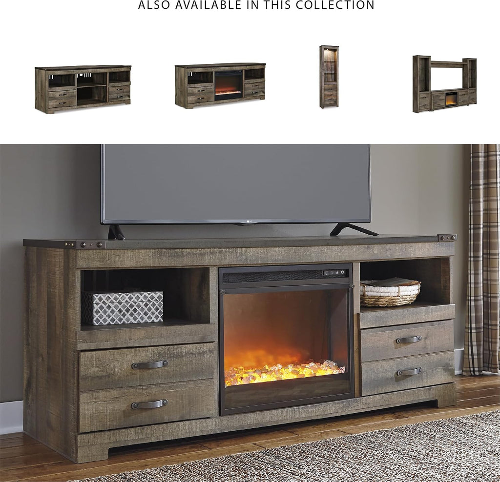 Signature Design by Ashley Trinell 63' TV Stand with Electric Fireplace Insert, Rustic Wood Look Media Console with Infrared Heat, Storage Drawers and Remote Control for Living Room Warmth