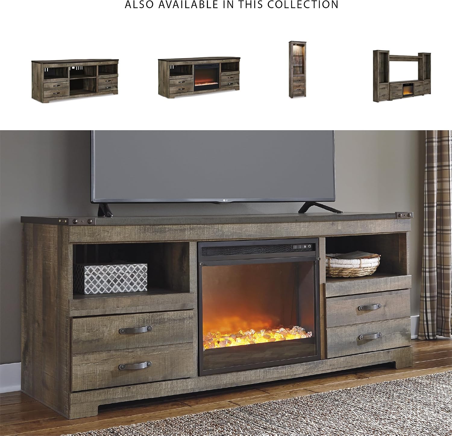 Signature Design by Ashley Trinell 63' TV Stand with Electric Fireplace Insert, Rustic Wood Look Media Console with Infrared Heat, Storage Drawers and Remote Control for Living Room Warmth