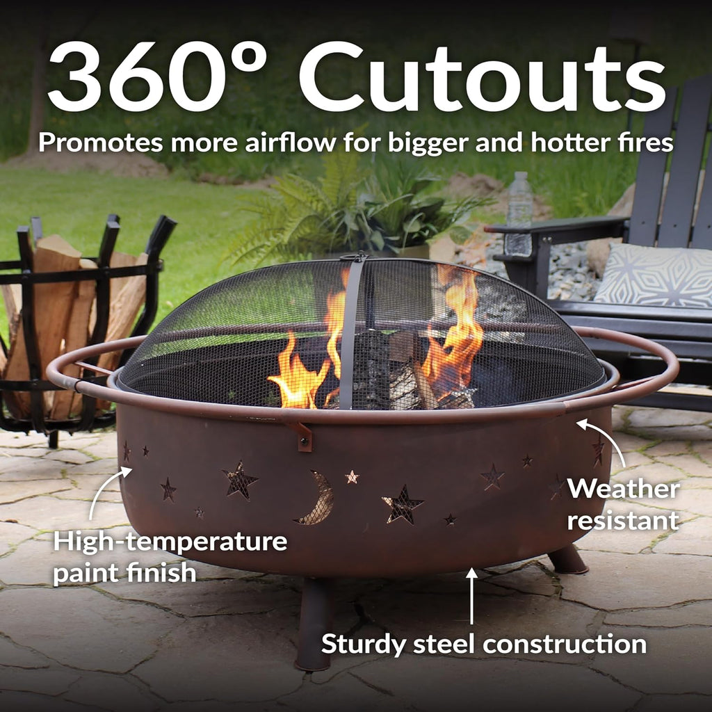 Sunnydaze Large Cosmic Outdoor Fire Pit - Wood-Burning Fire Pit with Round Spark Screen, Poker, and Built-in Grate - 42' - Bronze