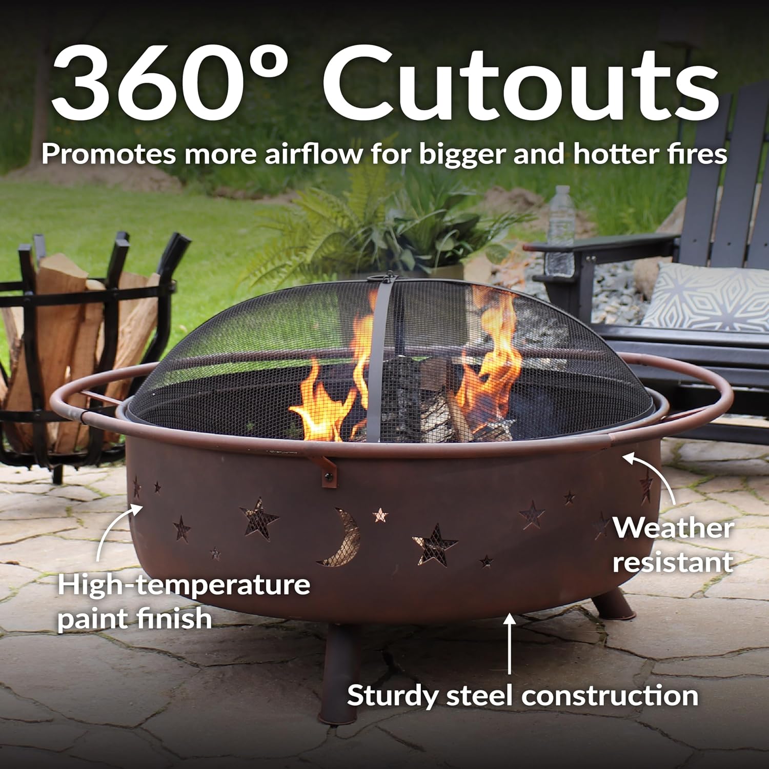 Sunnydaze Large Cosmic Outdoor Fire Pit - Wood-Burning Fire Pit with Round Spark Screen, Poker, and Built-in Grate - 42' - Bronze