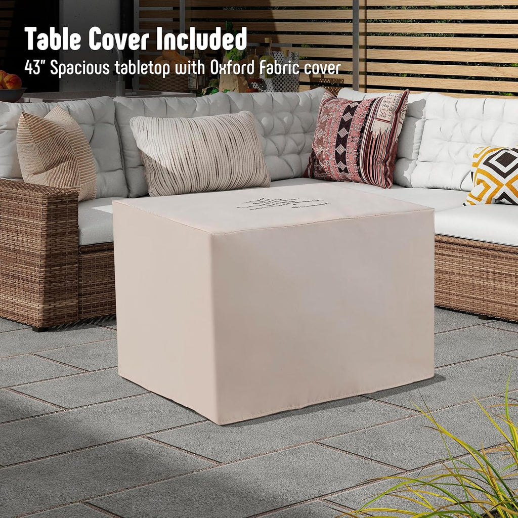 Werph 43' Propane Fire Pit Table with Rattan Fence, 50,000 BTU Gas Fire Pits for Outside Patio with Auto-Ignition, 2-in-1 Fire Table with Natural Lava Rock, Wind Guard& Removable Lid, Black