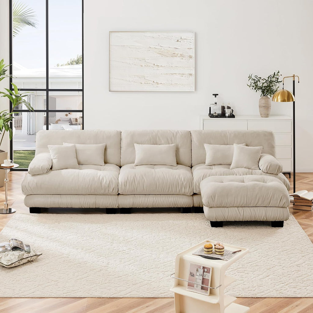 Modular Sectional Sofa 133.8' Cloud Couch, L Shaped Couch with Movable Ottoman, Modern Deep Seat Couches for Living Room, Oversized 3-Seater Sofa Comfy Chenille Sofas for Bedroom, Light Coffee