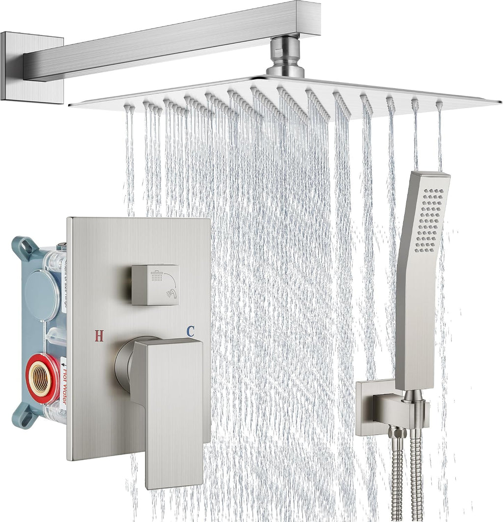 Aolemi Shower Faucet Set Rain Shower System with Handheld Spray Bathroom Shower Combo Rough-in Valve and Shower Trim Kit Included Brushed Nickel 12 Inch Wall Mount Shower Head