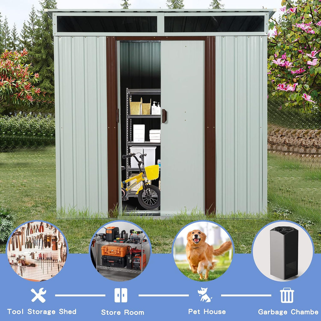 6.4 x 5ft Outdoor Metal Storage Shed，with Lockable Doors, Floor Frame, Sun Protection, Waterproof Tool Storage Shed for Patio, Lawn,Backyard (White-6.4 x 5ft)