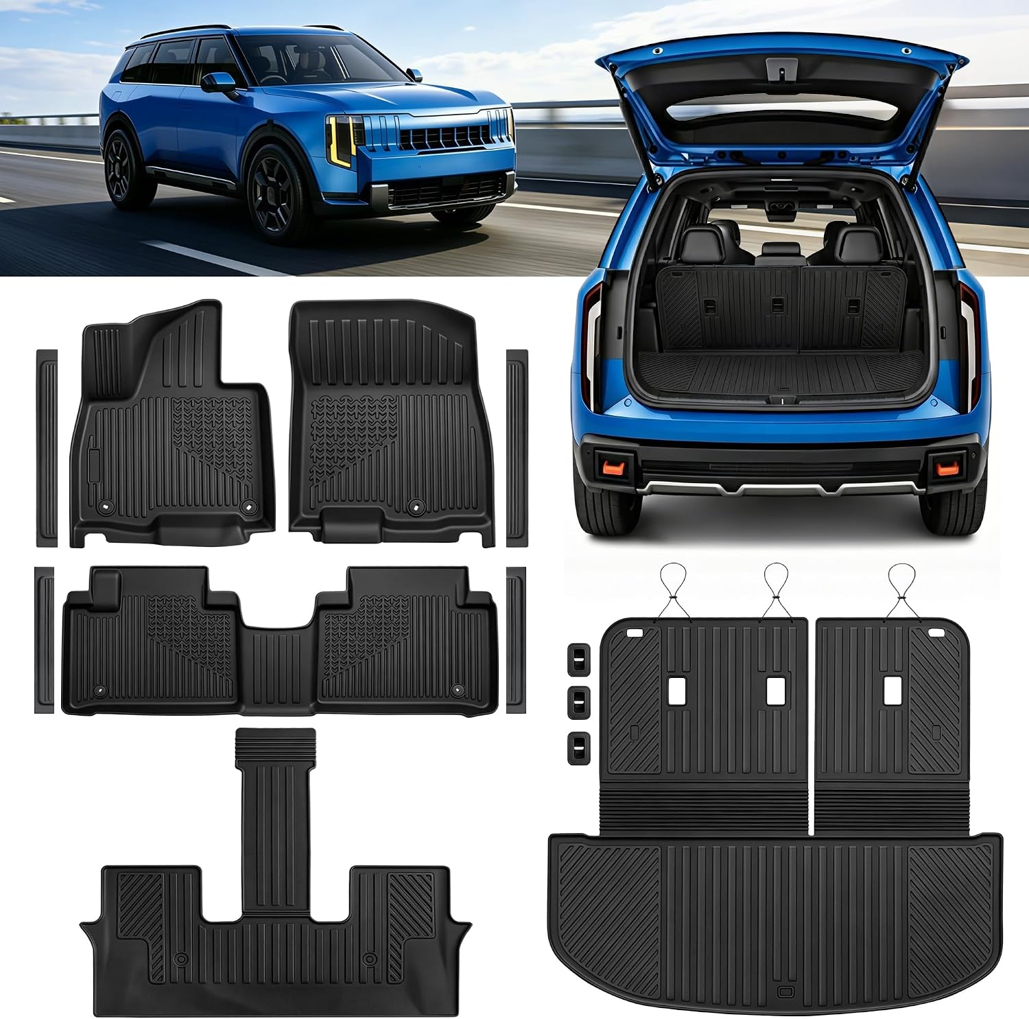 Floor Mats for Kia Telluride Hybrid 2027 7&8 Seat (EX/SX/X-Line SX/SX Prestige/X-Line SX Prestige) All Weather Telluride Floor Mats for Kia Telluride Accessories 2027 TPE Protector Black