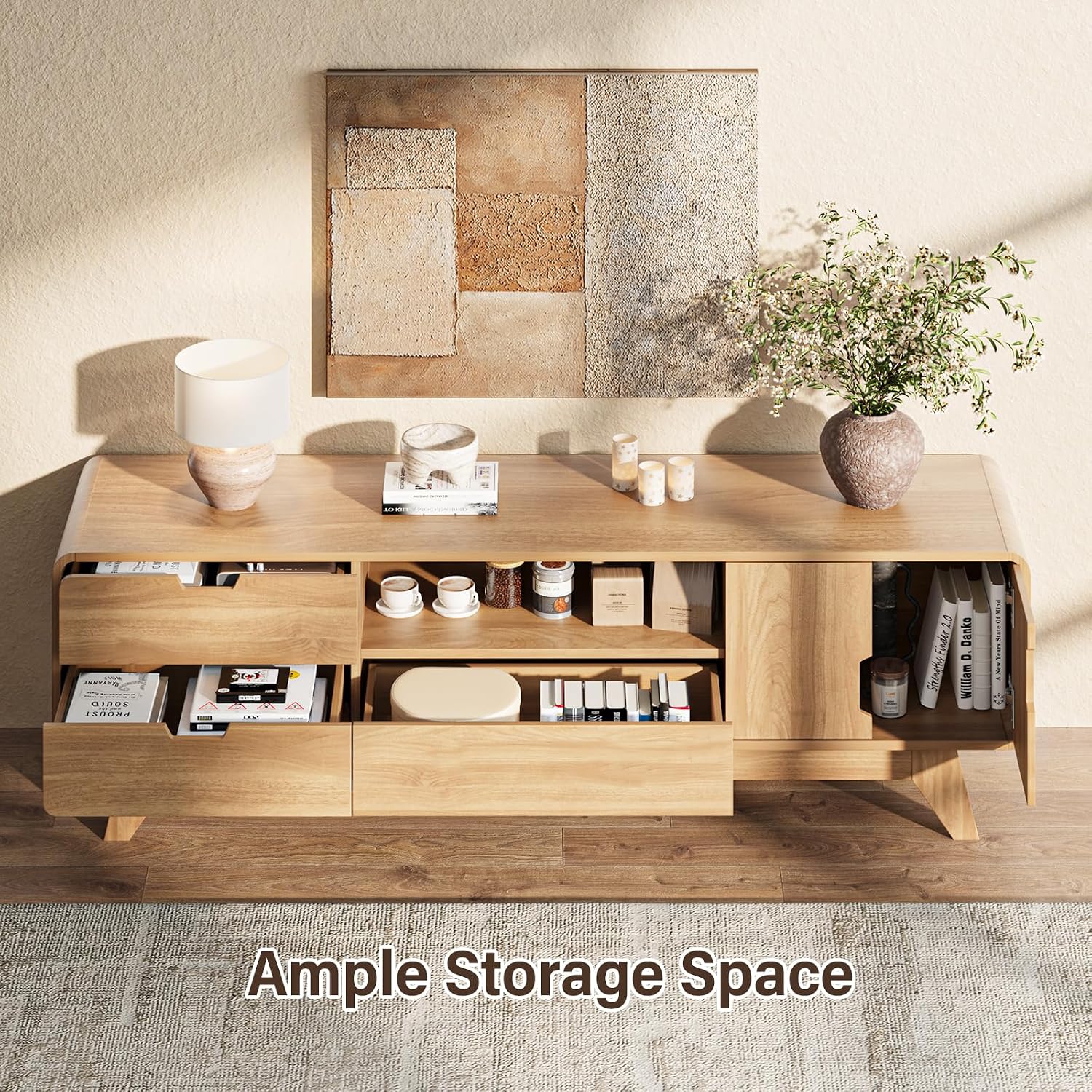 BREEZEHEAT 63' Wood TV Stand, Mid Century Modern TV Stands for TVs up to 70 inch, Entertainment Center with Storage Cabinet and 3 Drawers, Media and TV Console for Living Room, Natural Oak