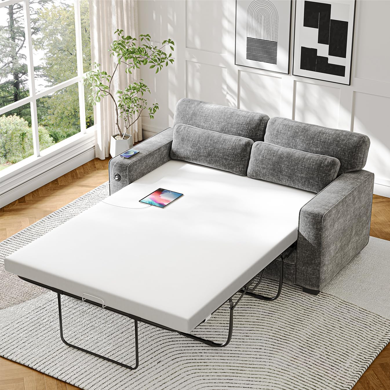 Marsail Pull Out Sofa Bed, Full Size Sleeper Sofa with Memory Foam Mattress, 2 USB Charging and Removable Covers, Loveseat for Living Room, Apartment, Supports 600 LBS, Chenille Fabric, Grey