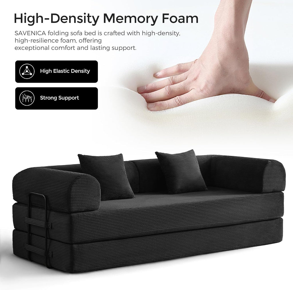 79' Convertible Sofa Bed with Fixed-Shape Frame & Removable Armrests, Modular Corduroy Sleeper Sofa, Folding Mattress Couch for Small Spaces - No Assembly Needed in Black (Includes 2 Pillows)