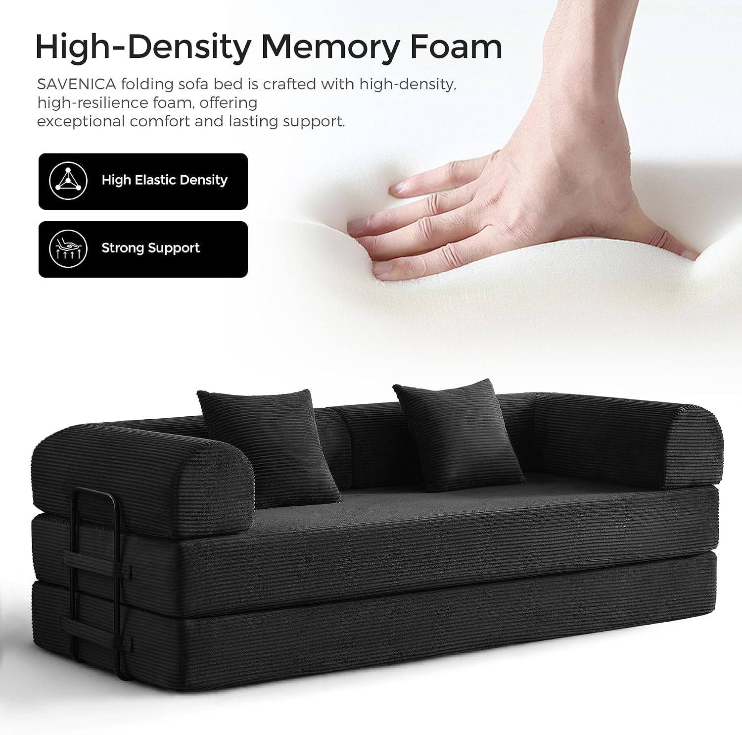 79' Convertible Sofa Bed with Fixed-Shape Frame & Removable Armrests, Modular Corduroy Sleeper Sofa, Folding Mattress Couch for Small Spaces - No Assembly Needed in Black (Includes 2 Pillows)