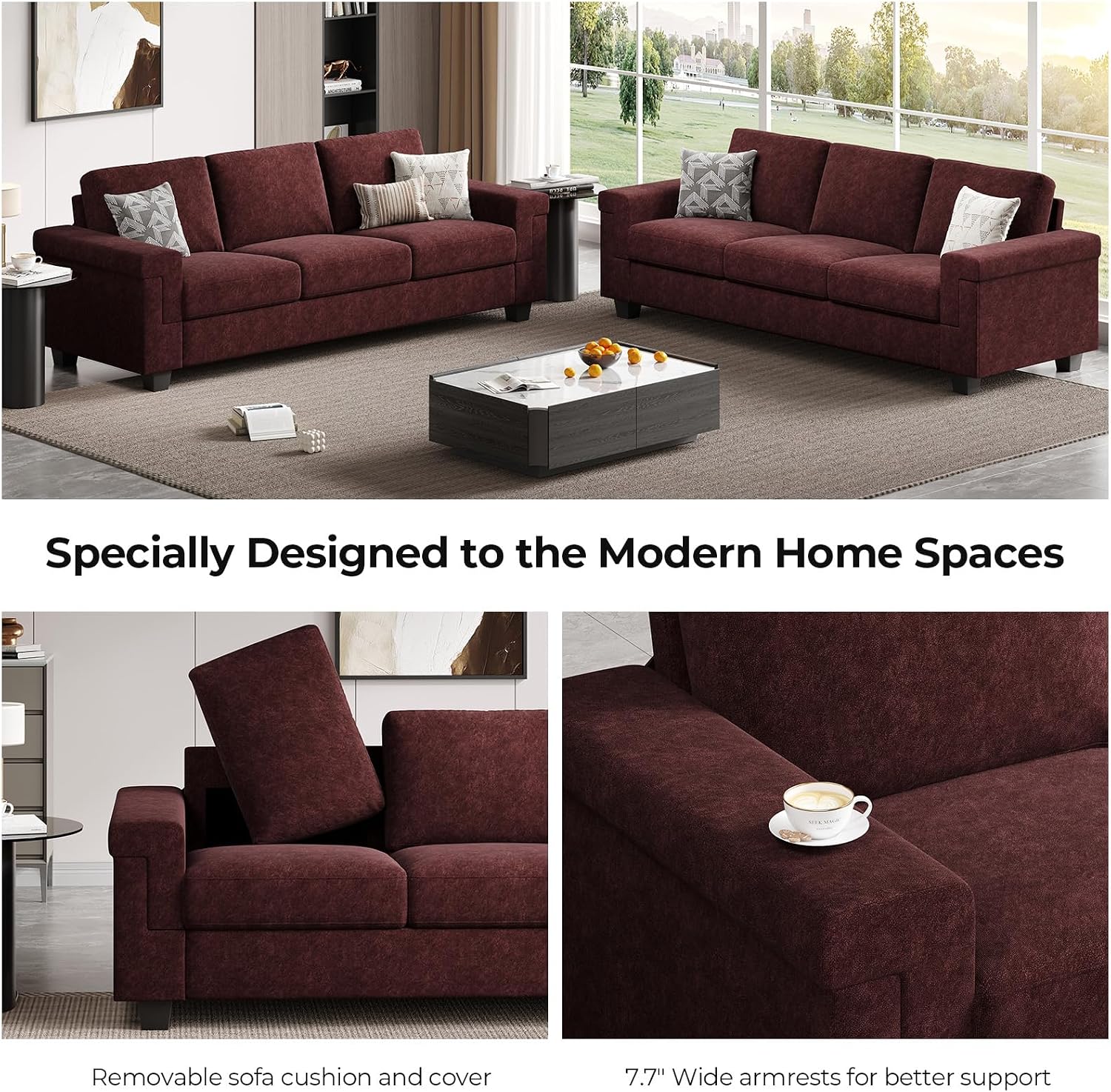 COPIAE 3 Seater Sofa Couch with Deep Seat, 90' Modern Upholstered Sofa with Armrests, Easy Installation, Comfy Couches for Living Room, Apartment, Burgundy