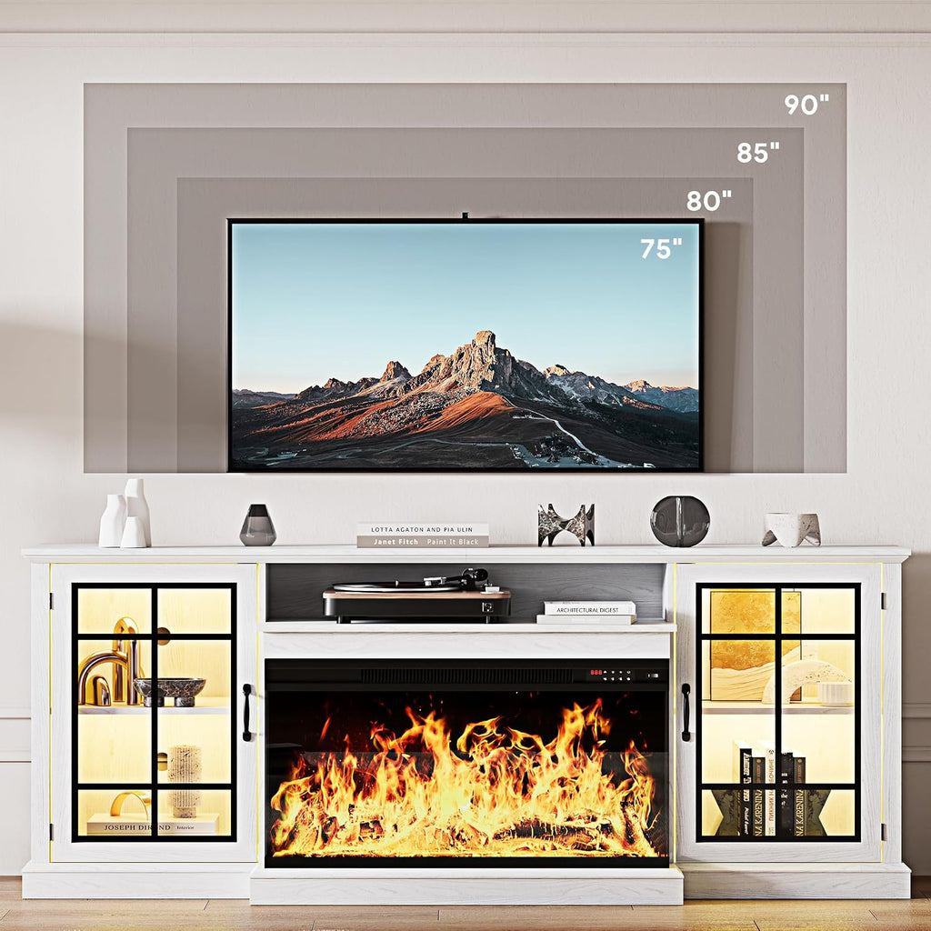 MXV 80'' Fireplace TV Stand, Farmhouse Entertainment Center with 3 Sided Glass TV Stand, Modern Media Console Table with Storage Drawers & Cabinets with LED Flame and Lights for Living Room, White